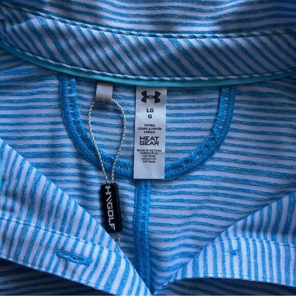 Under Armour Blue/White Striped Heat Gear Fitted Sleeveless Golf Polo Size Large - Picture 7 of 13